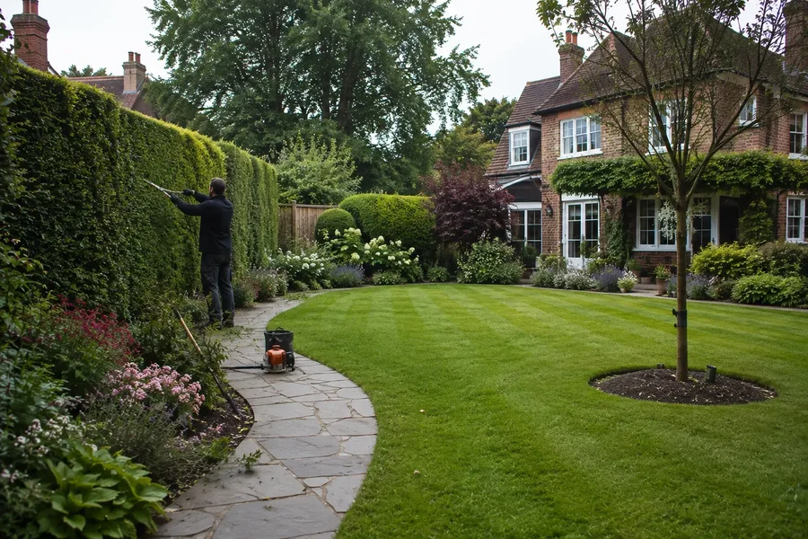 Immaculately maintained lawn and clipped hedging at an English estate