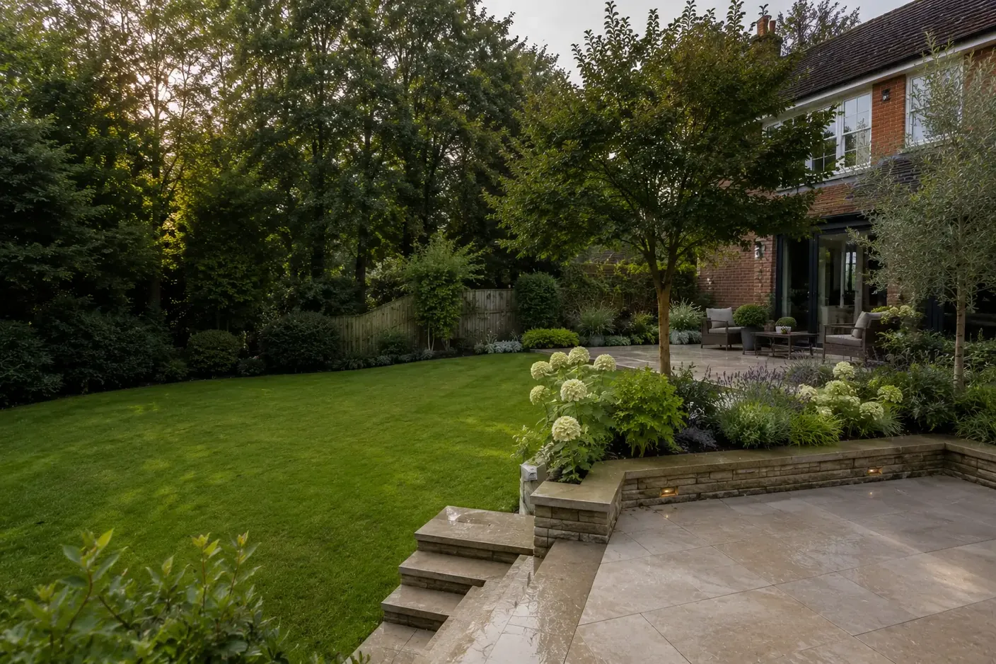 A landscaped Surrey garden with stone terrace, lawn, steps and hydrangea planting beside a brick house
