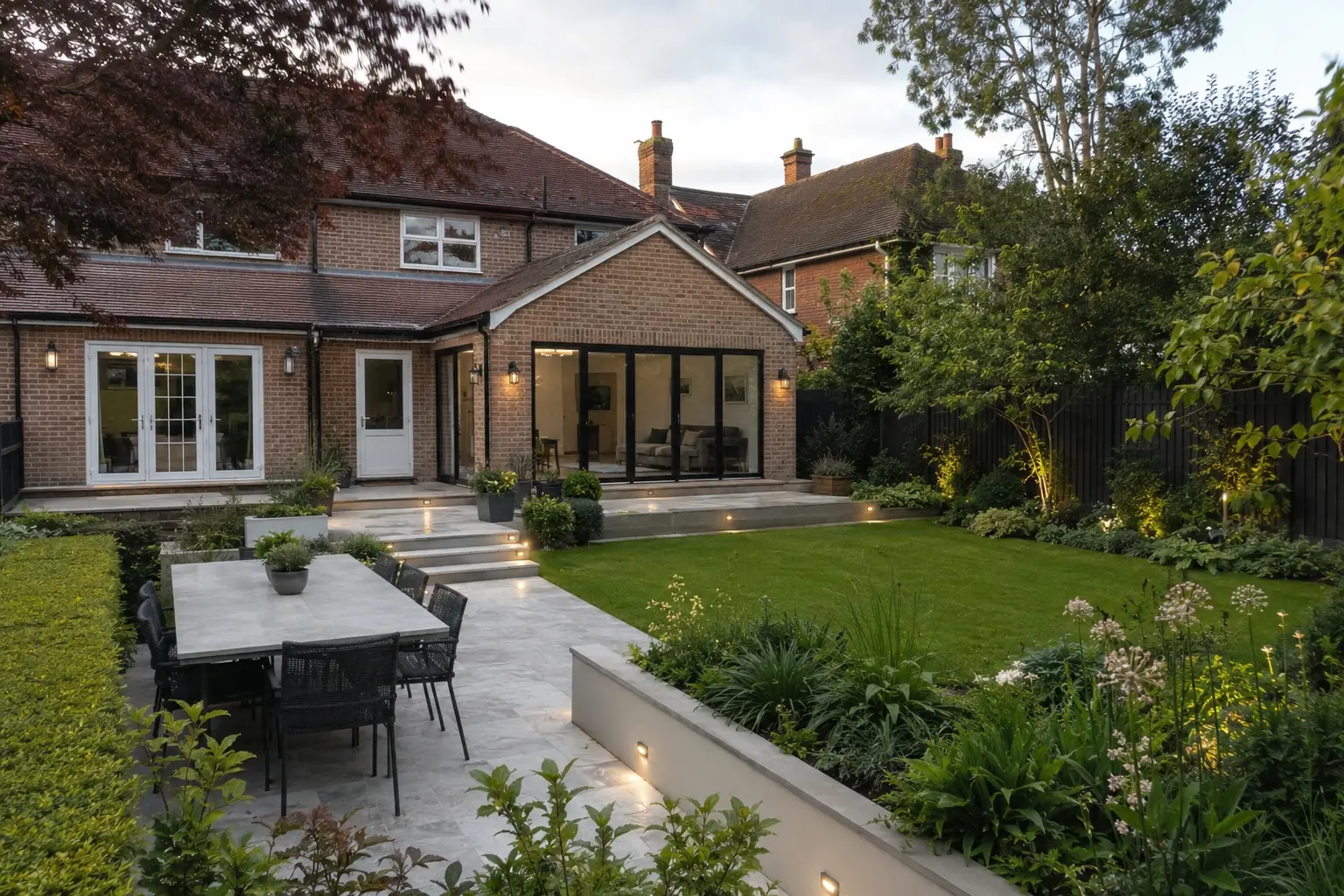 A landscaped Surrey garden with porcelain terrace, dining area, lawn and evening lighting
